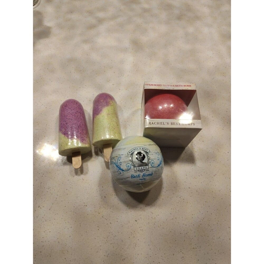 Rachel's Best Soaps Bath Bomb Lot Strawberry Glitter, 2- lollipop grape, mystery